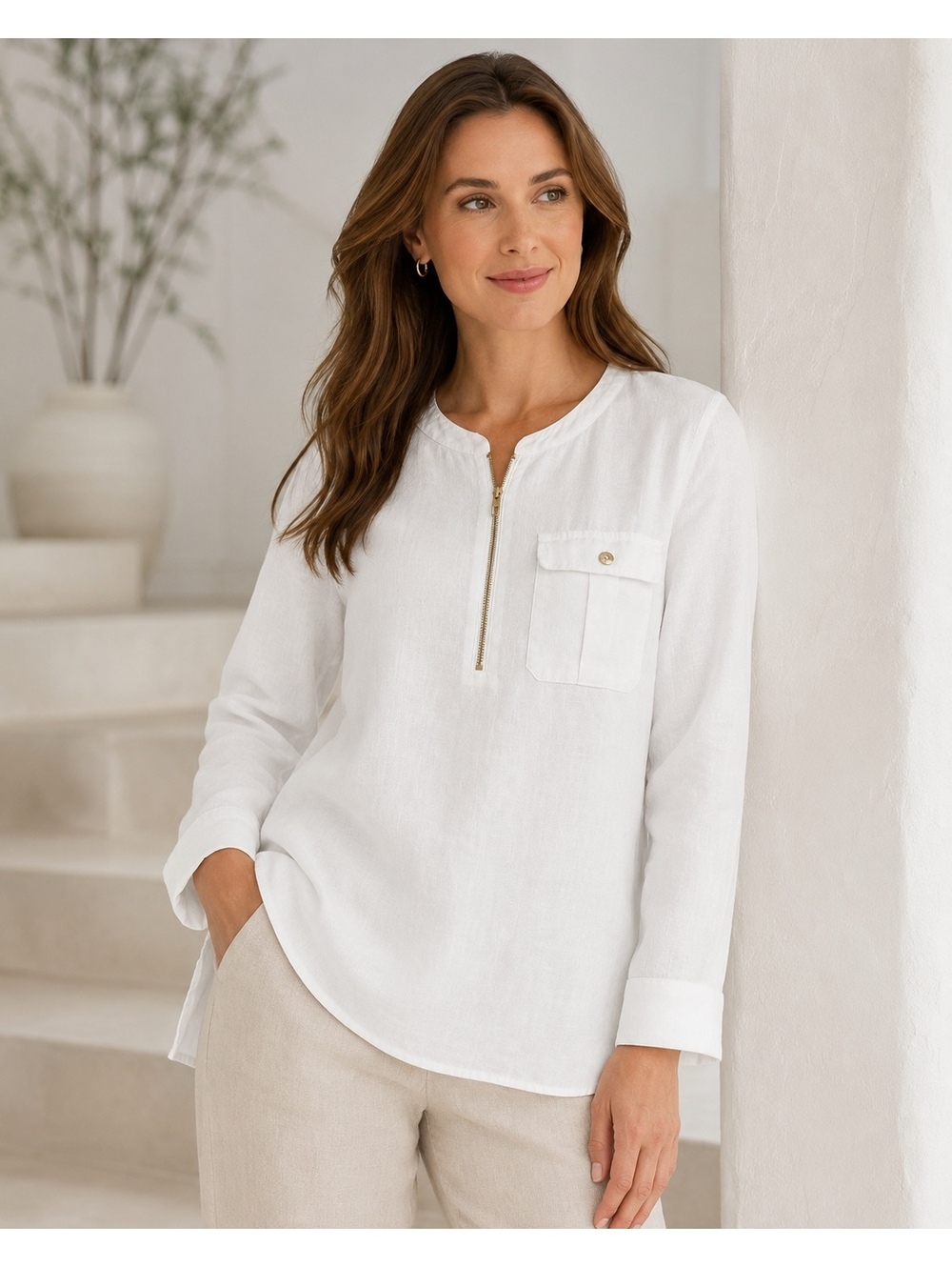 Jones New York White 100% Linen High-Low Zip Tunic Top Large - Picture 6 of 8